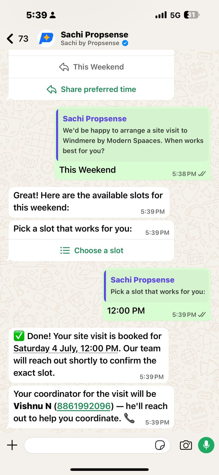 Sachi WhatsApp conversation showing site visit booking