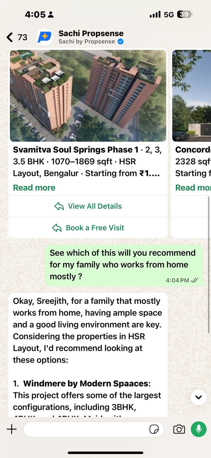 Sachi WhatsApp conversation showing property recommendations